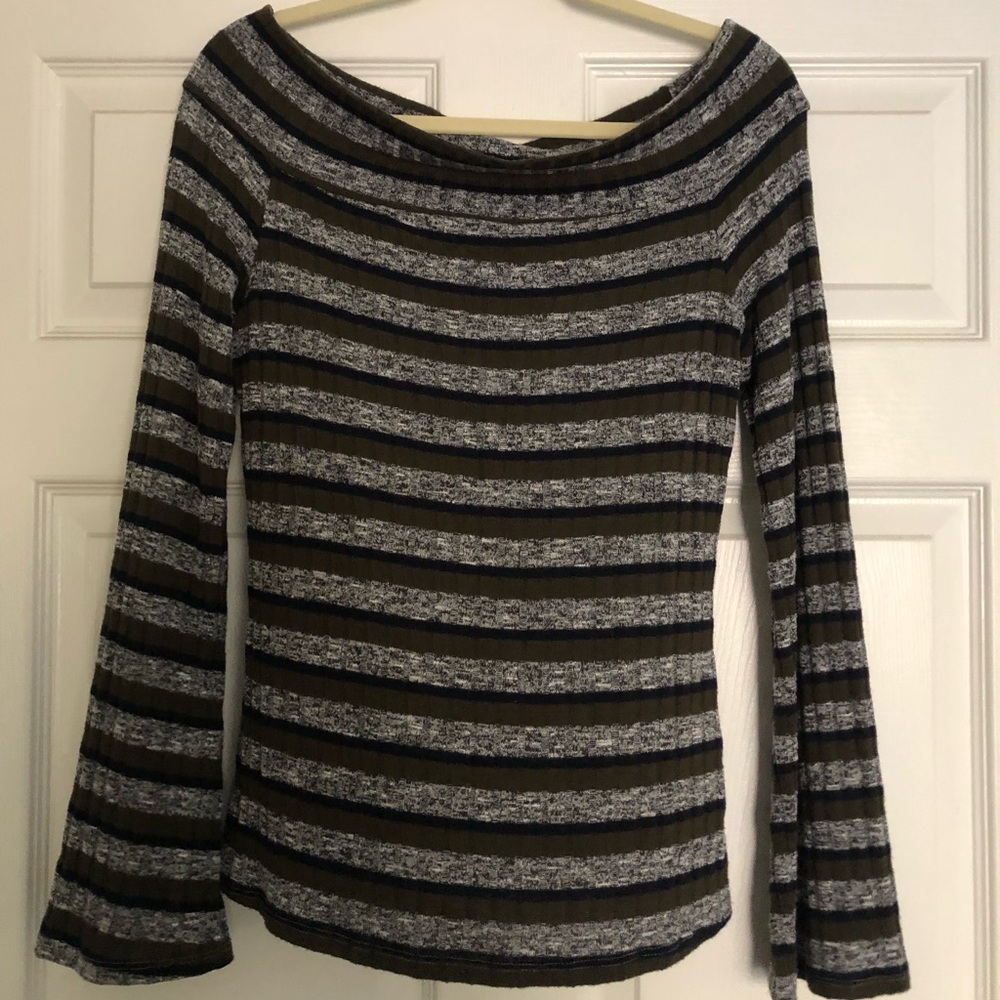 Striped Off The Shoulder Belle Sleeve Shirt